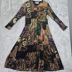 Whimsigoth Gypsy Velvet Full Button Front Patwork Midi Dress Small Long Sleeve